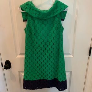 Green and Blue lace dress with cowl collar.